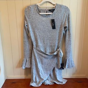 Gray sweater wrap dress with ruffle sleeves